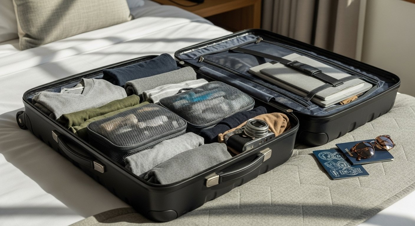 Open suitcase on hotel bed with rolled clothes, packing cubes, and sunlight streaming in—realistic travel scene evoking organization and wanderlust.